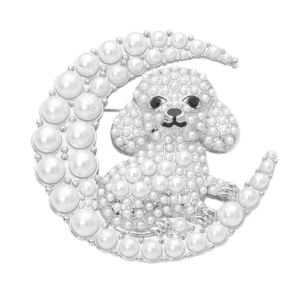 Crescent Cute Pearl Dog Crescent Moon Pin Brooch