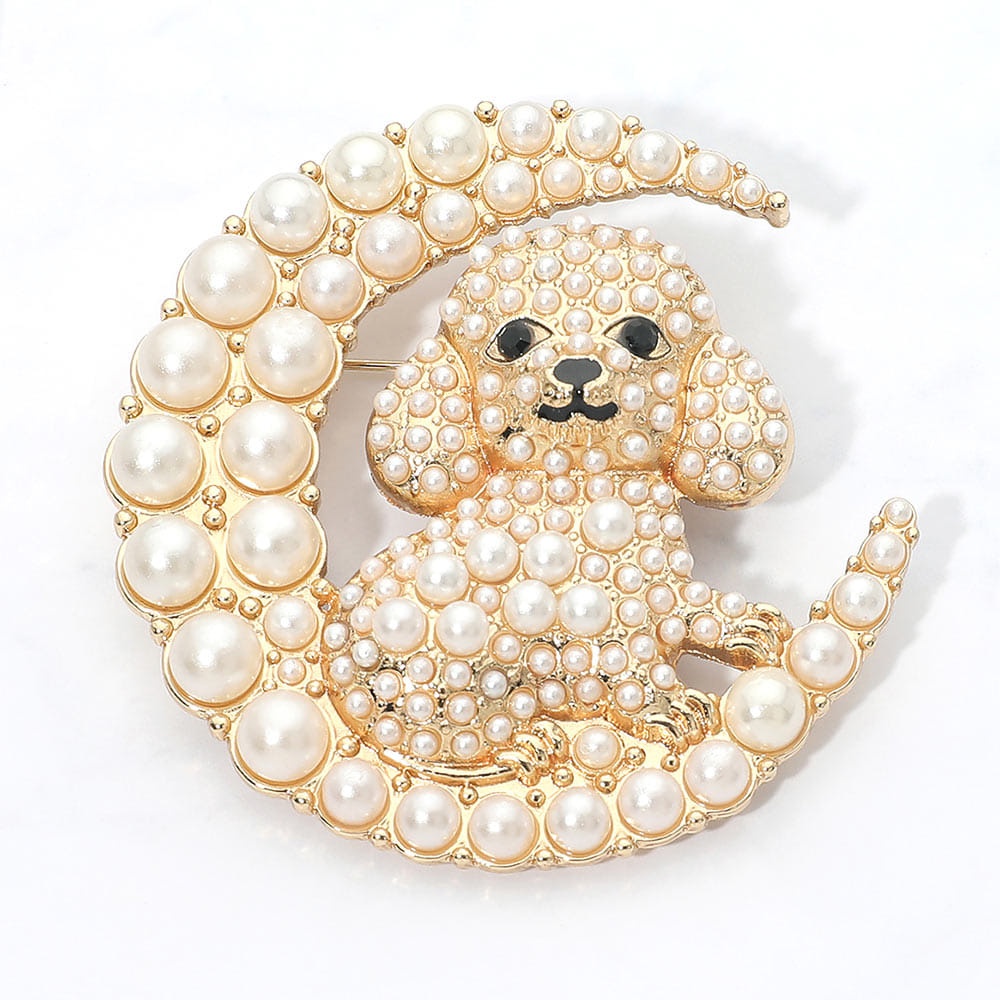 Crescent Cute Pearl Dog Crescent Moon Pin Brooch