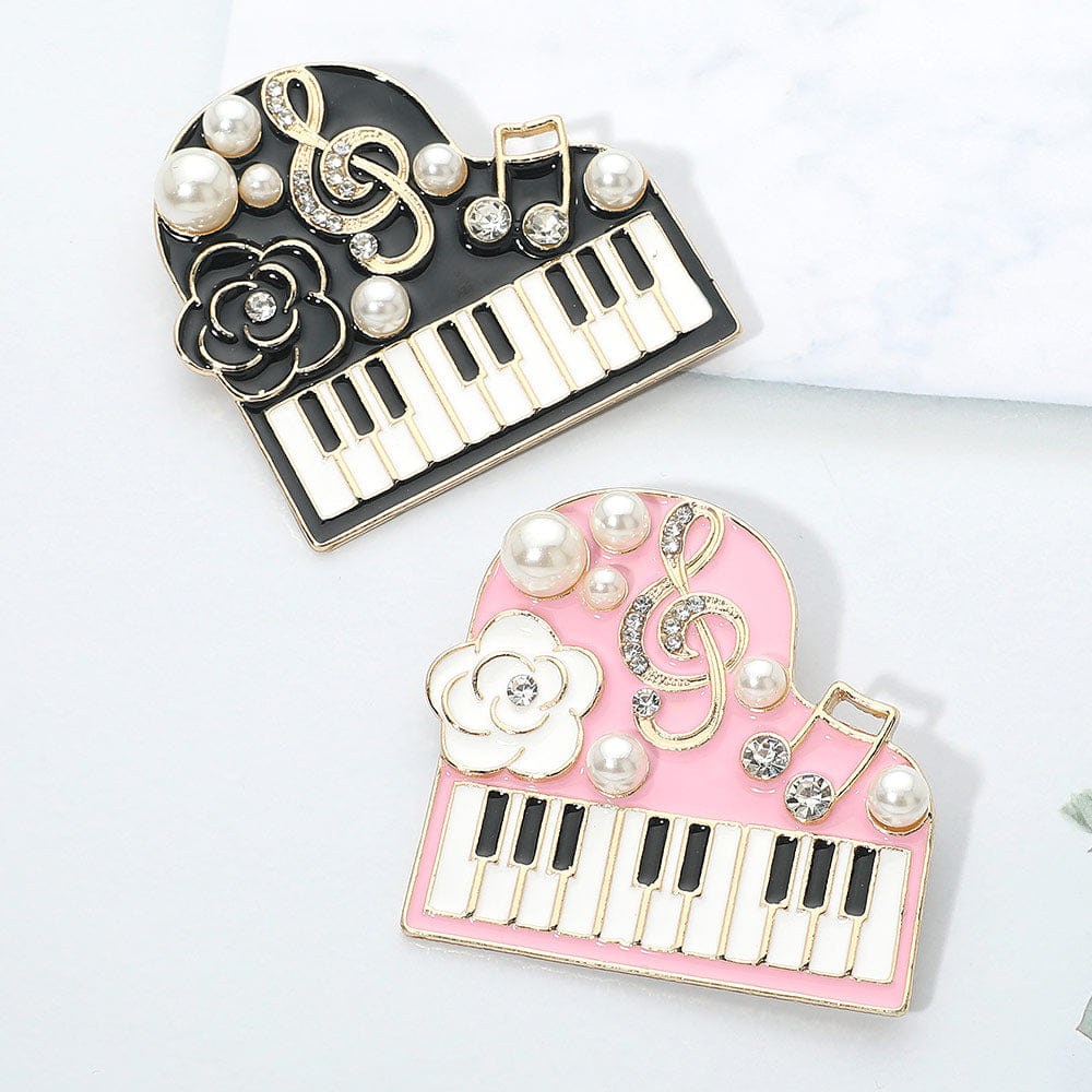 Pearl Floral Musical Motif Embellished Piano Pin Brooch