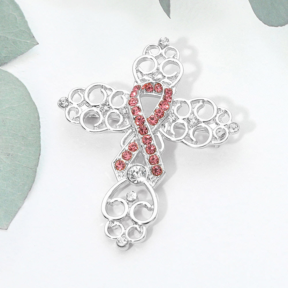 CROSS Rhinestone Pink Awareness Ribbon Filigree Cross Pin Brooch