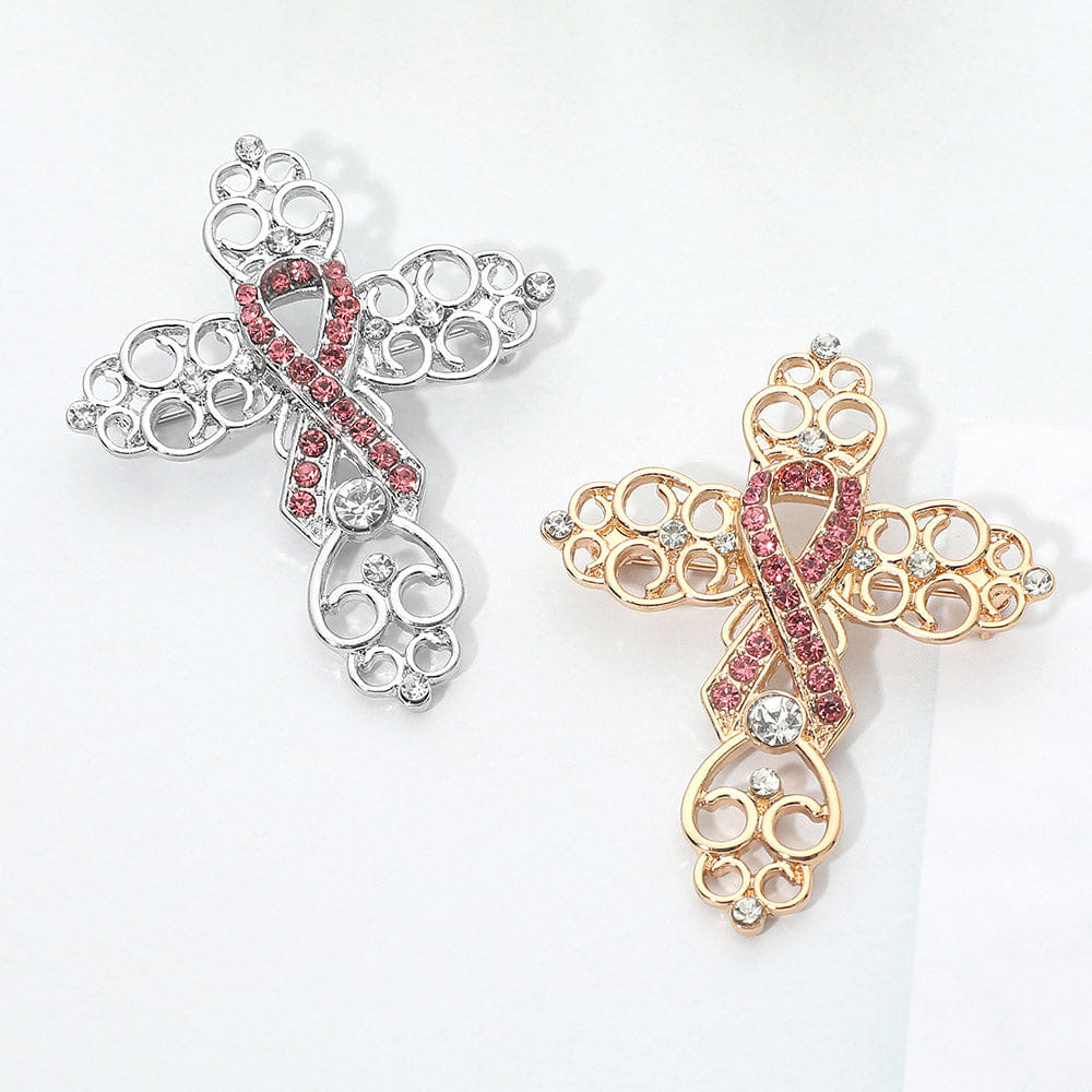 CROSS Rhinestone Pink Awareness Ribbon Filigree Cross Pin Brooch