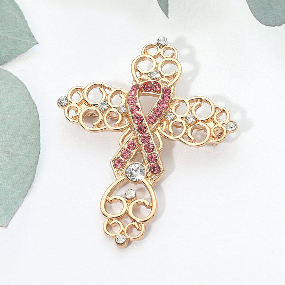 CROSS Rhinestone Pink Awareness Ribbon Filigree Cross Pin Brooch