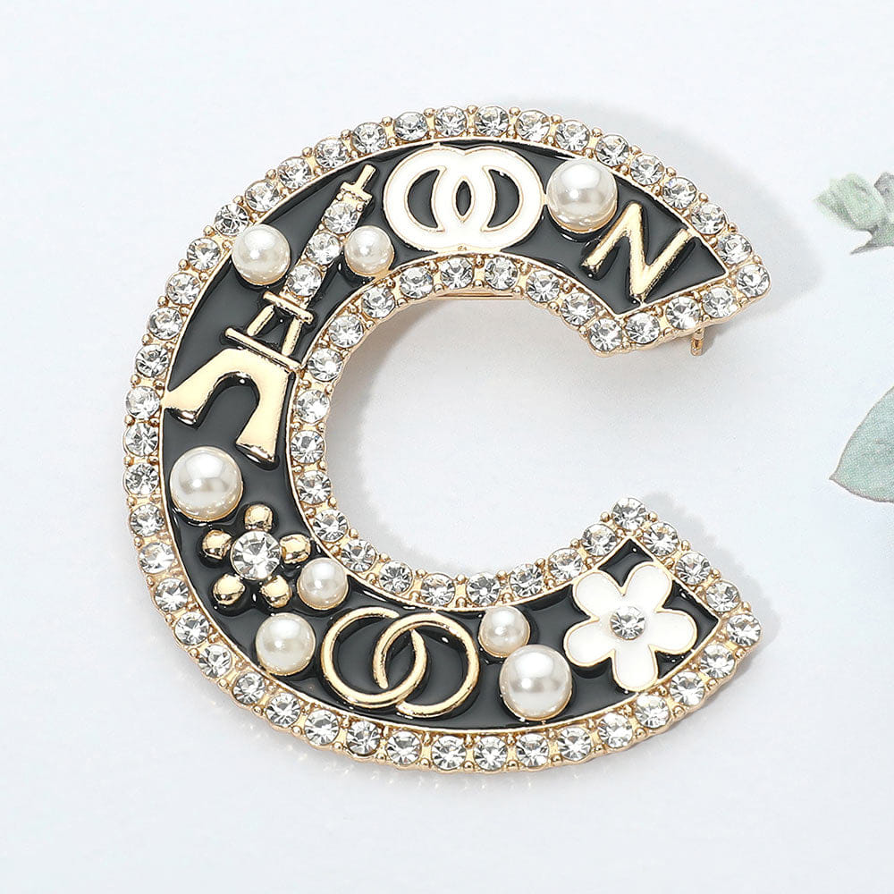 Letter Pearl Floral Eiffel Tower Charm Embellished Letter C Pin Brooch