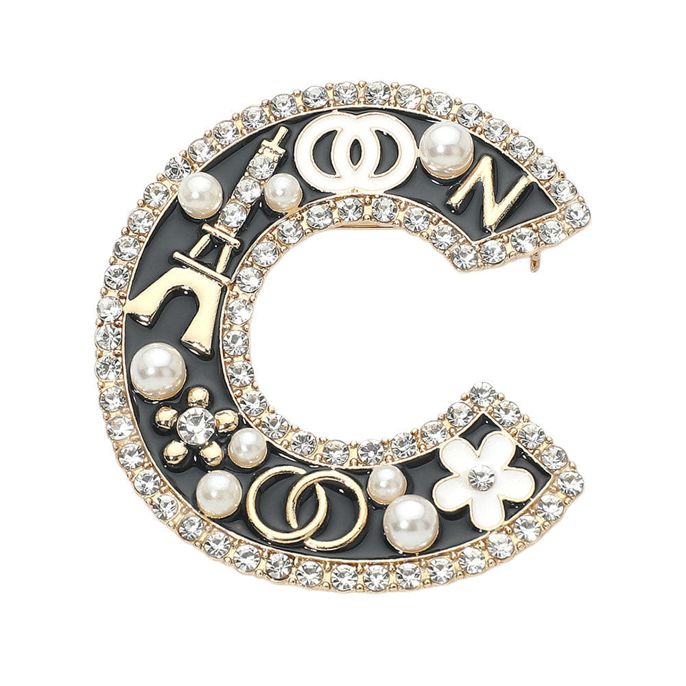 Letter Pearl Floral Eiffel Tower Charm Embellished Letter C Pin Brooch