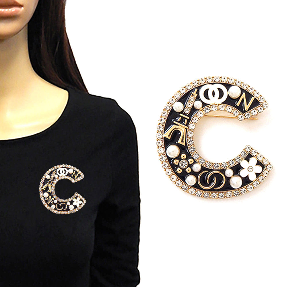Letter Pearl Floral Eiffel Tower Charm Embellished Letter C Pin Brooch