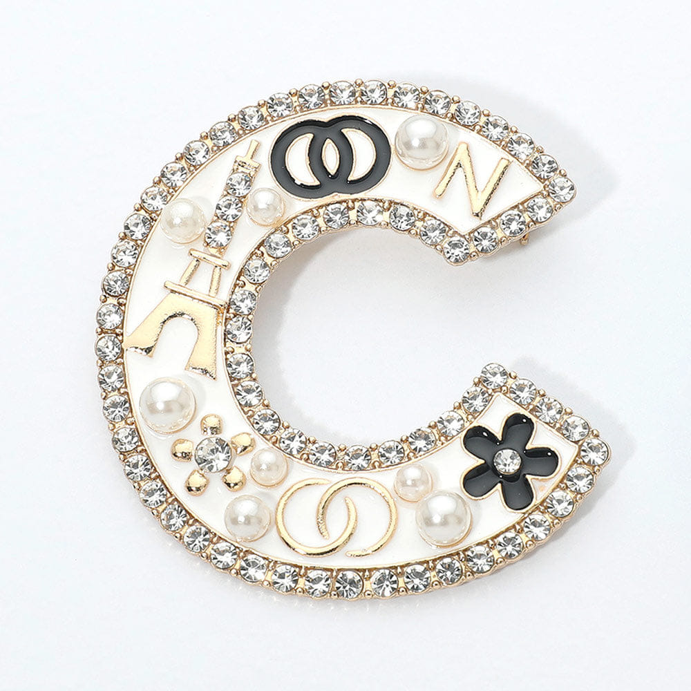 Letter Pearl Floral Eiffel Tower Charm Embellished Letter C Pin Brooch