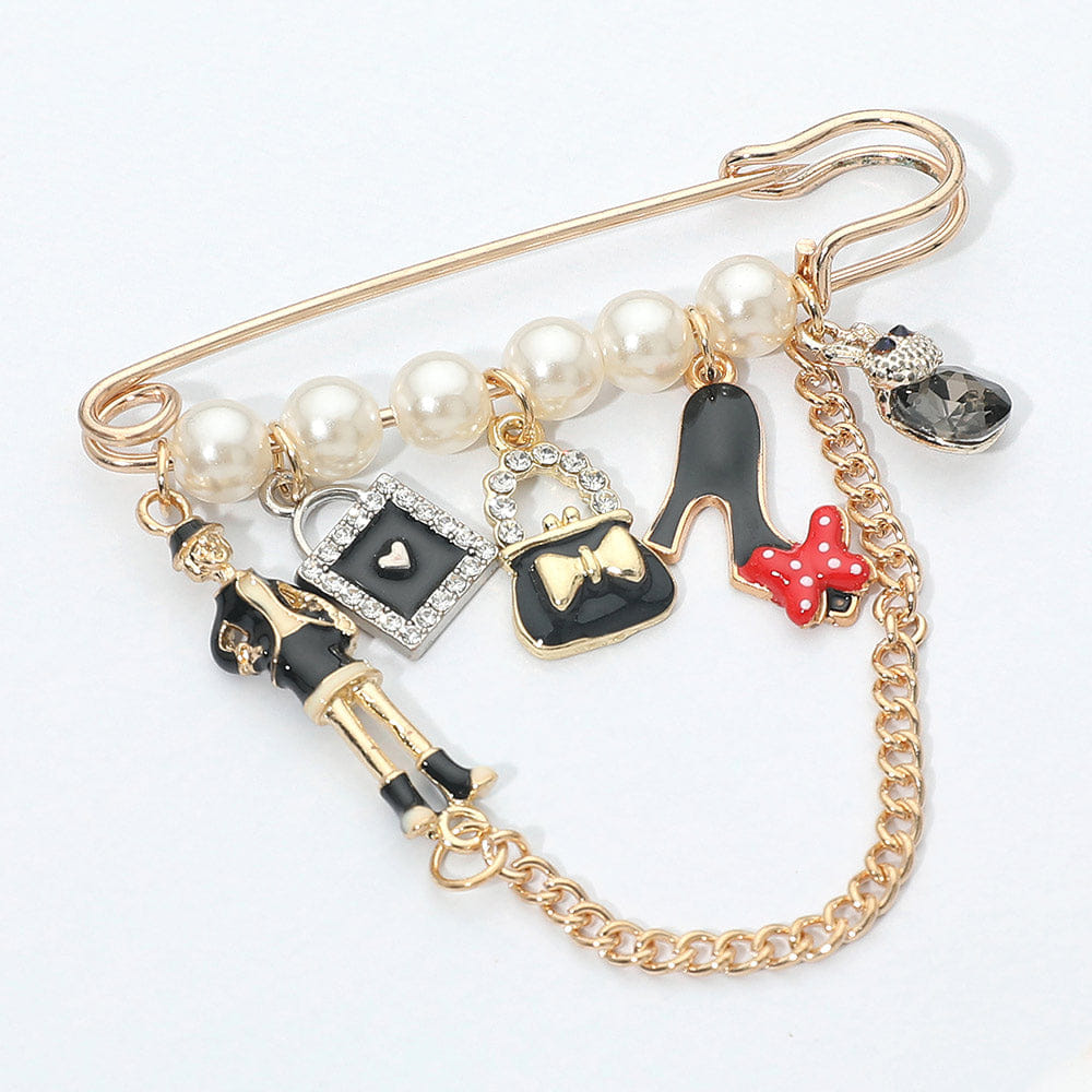 Fashion Charm Chain Drop Pearl Safety Pin Brooch