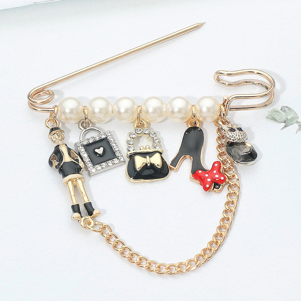 Fashion Charm Chain Drop Pearl Safety Pin Brooch