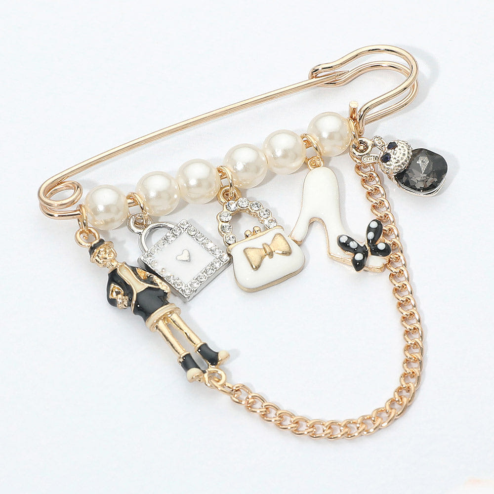 Fashion Charm Chain Drop Pearl Safety Pin Brooch