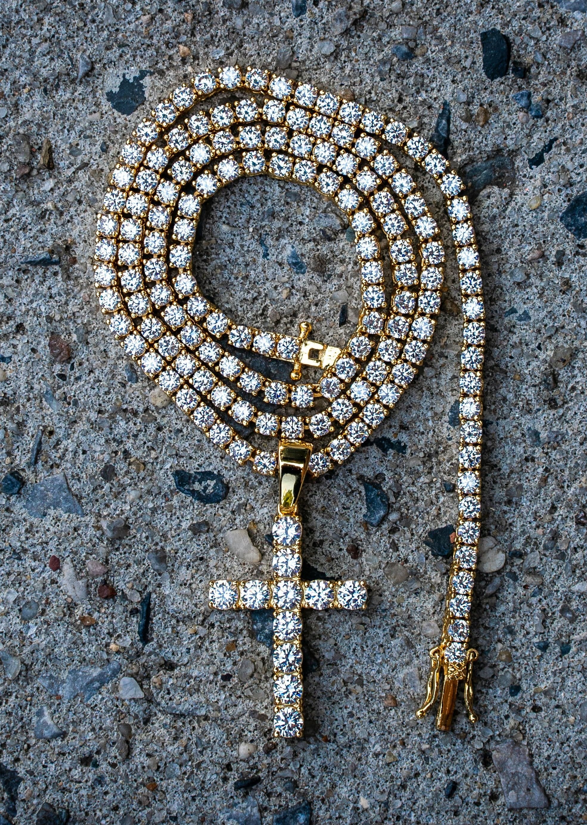 Manufacturer 30 Gold Plated Iced Out Cross & Tennis Chain ( 3 mm )