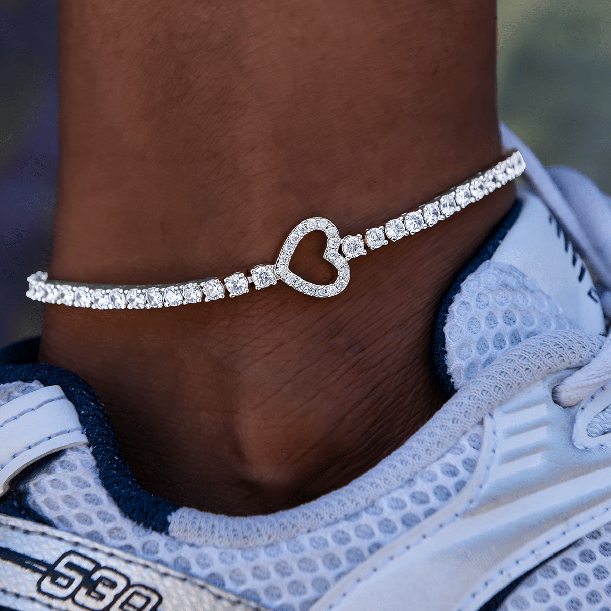 GLD PROMO - WOMEN Heart Tennis Anklet in White Gold - 3 mm