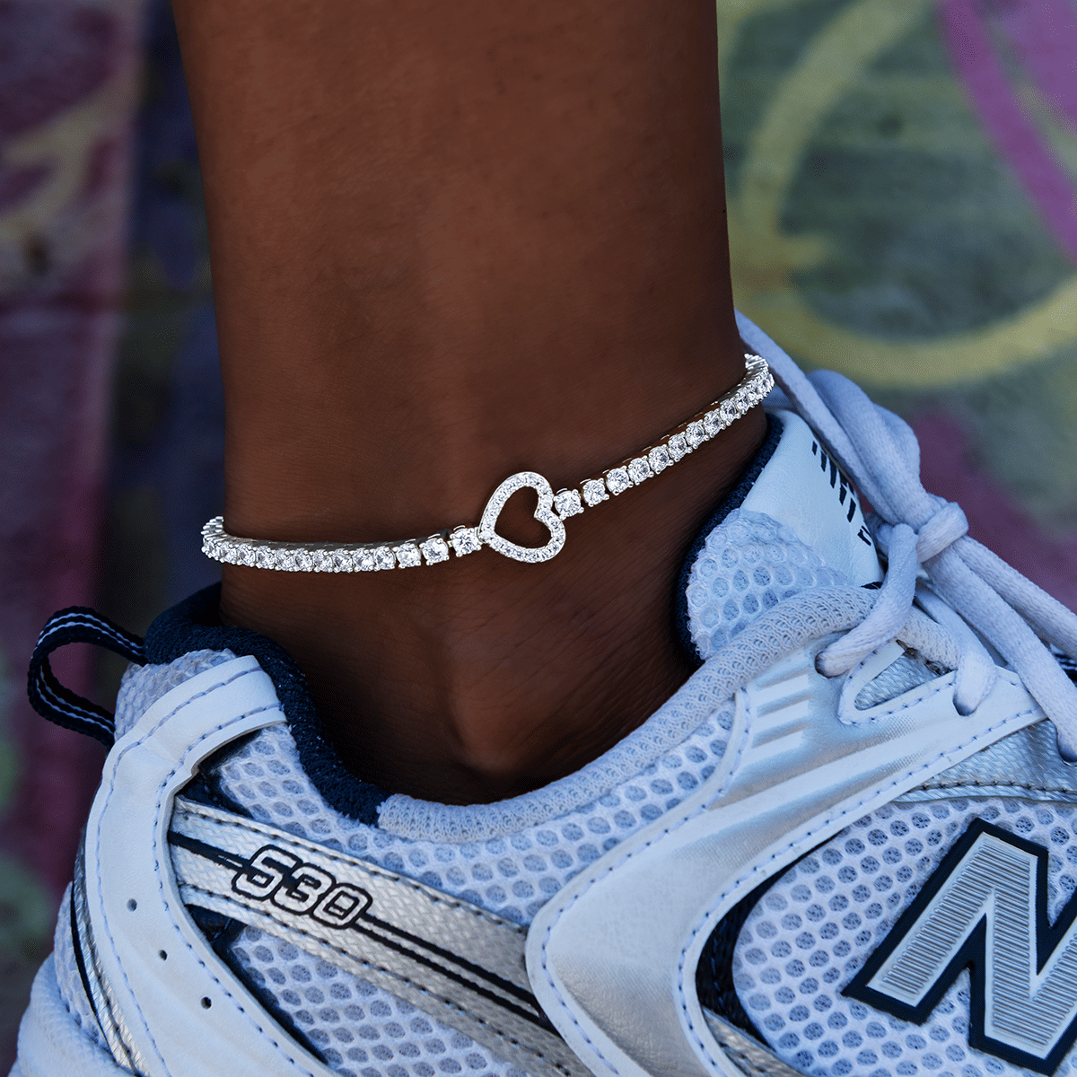 GLD PROMO - WOMEN Heart Tennis Anklet in White Gold - 3 mm