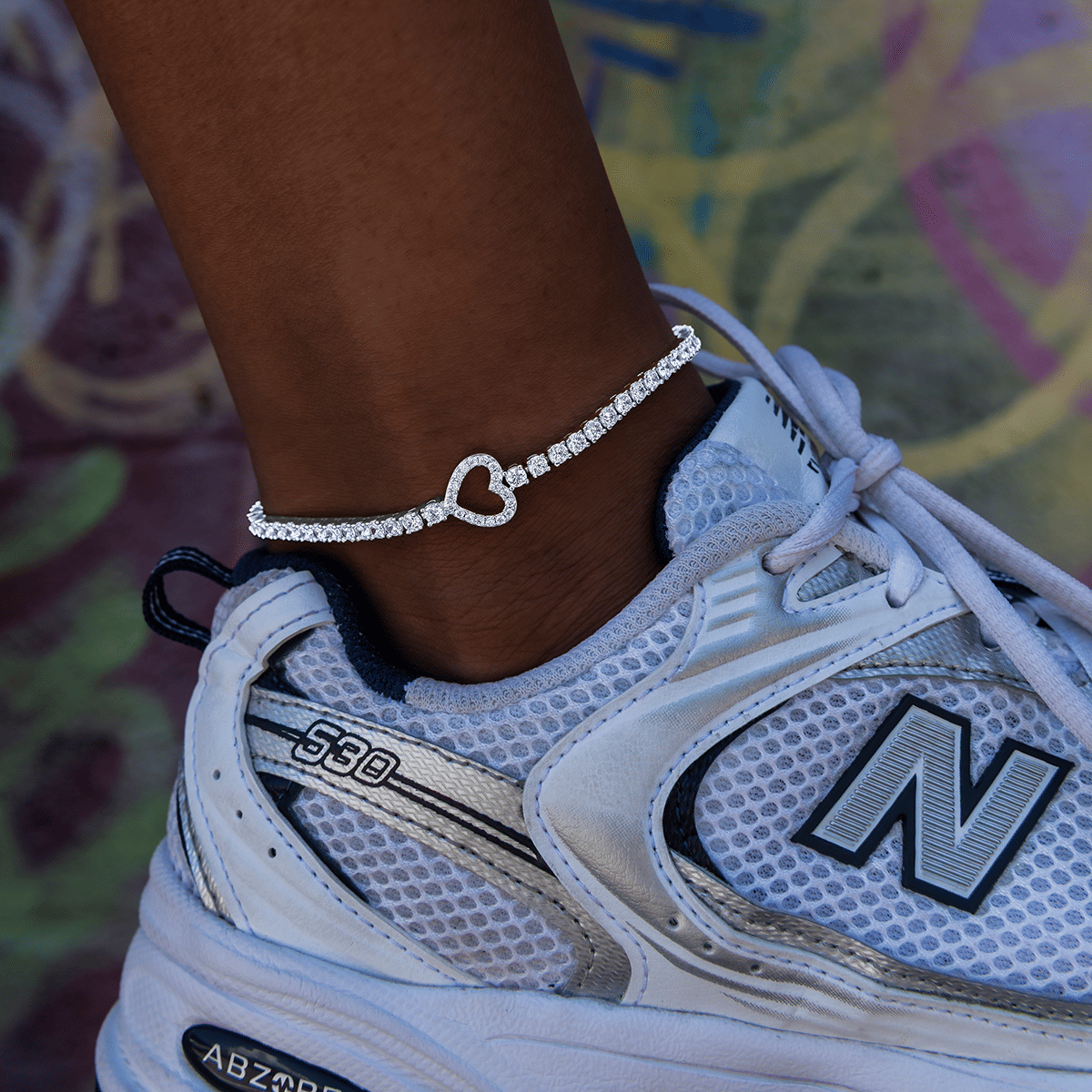 GLD PROMO - WOMEN Heart Tennis Anklet in White Gold - 3 mm