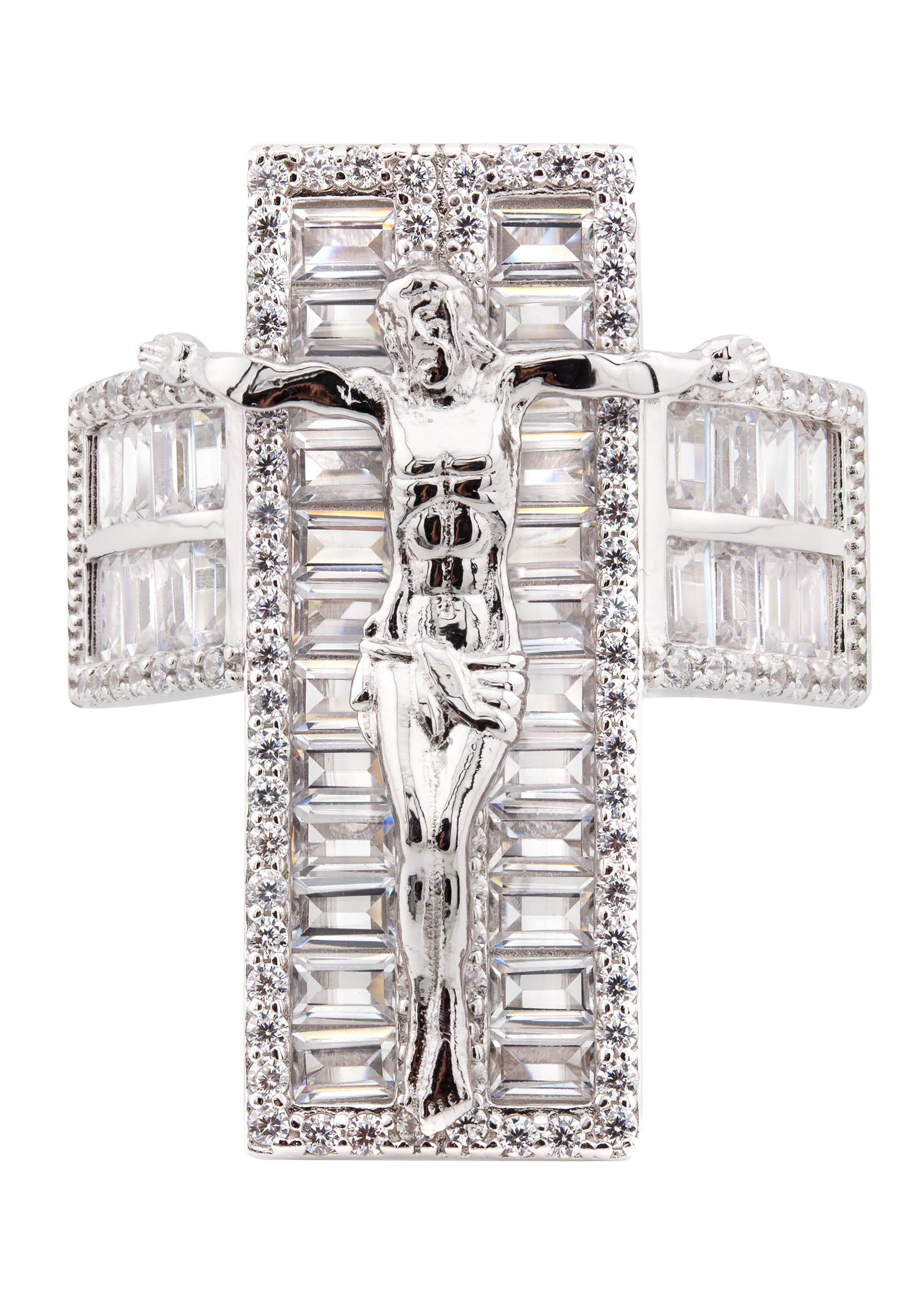Manufacturer 43 Mens Silver Baguette Cross Ring | Appx 10 Grams