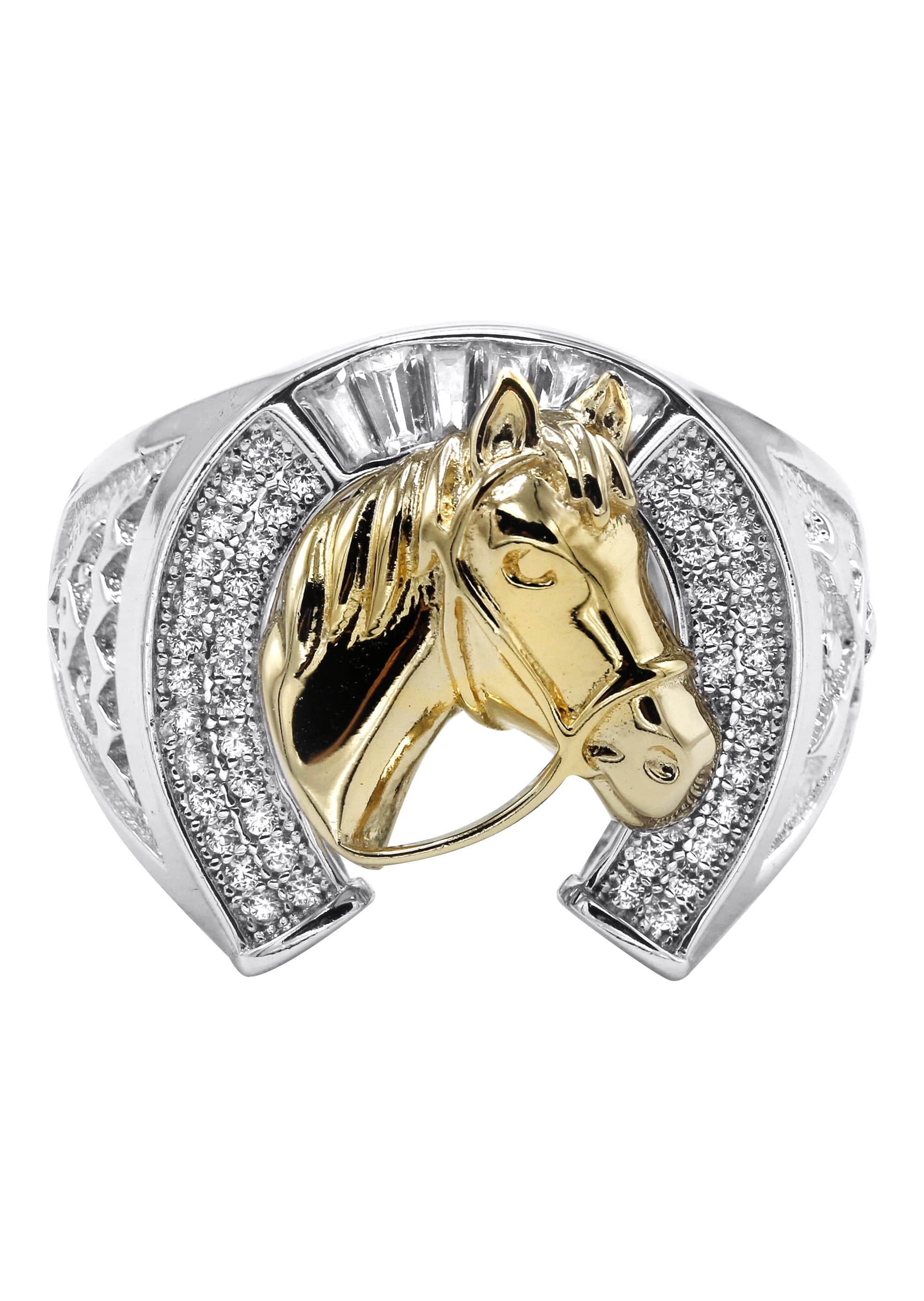 Manufacturer 43 Mens Silver CZ Gold Horseshoe Ring | Appx 8.6 Grams