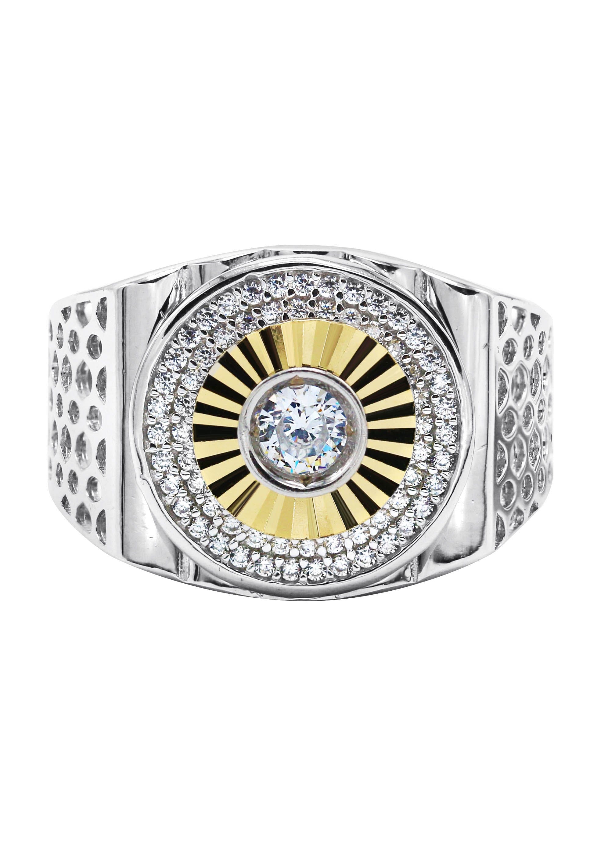 Manufacturer 43 Mens Silver Round CZ Gold Ring | Appx 8.2 Grams