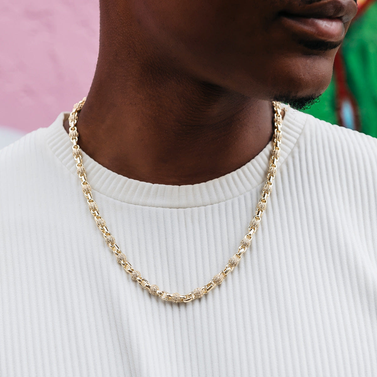 GLD Men Iced Ball Box Link Chain + Bracelet Bundle in Yellow Gold