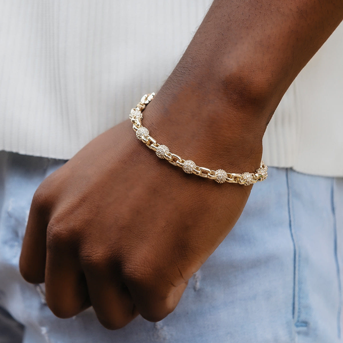 GLD Men Iced Ball Box Link Chain + Bracelet Bundle in Yellow Gold