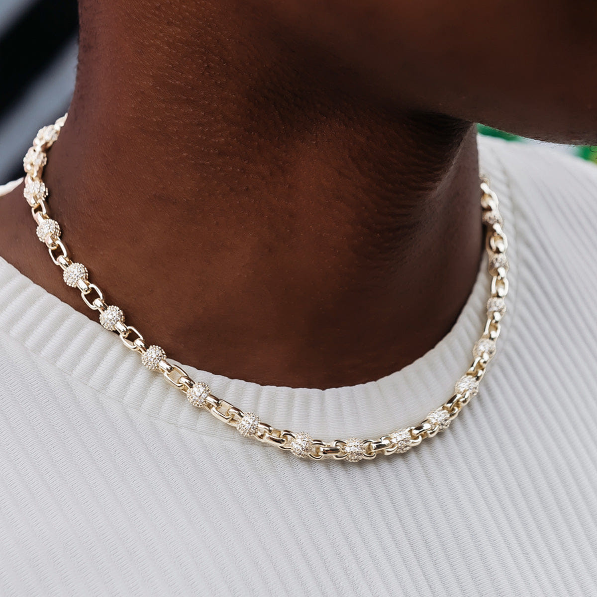 GLD Men Iced Ball Box Link Chain + Bracelet Bundle in Yellow Gold