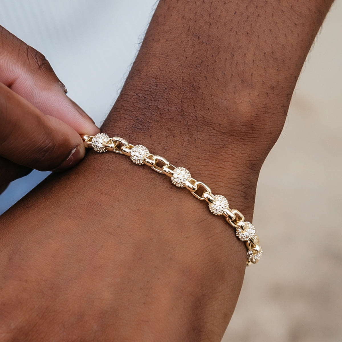 GLD Men Iced Ball Box Link Chain + Bracelet Bundle in Yellow Gold
