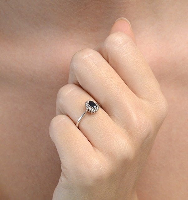 Diamond Sapphire 5 x 3 mm And Diamond 18K White Ring