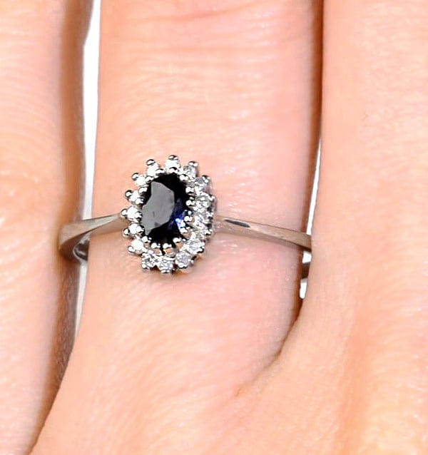 Diamond Sapphire 5 x 3 mm And Diamond 18K White Ring