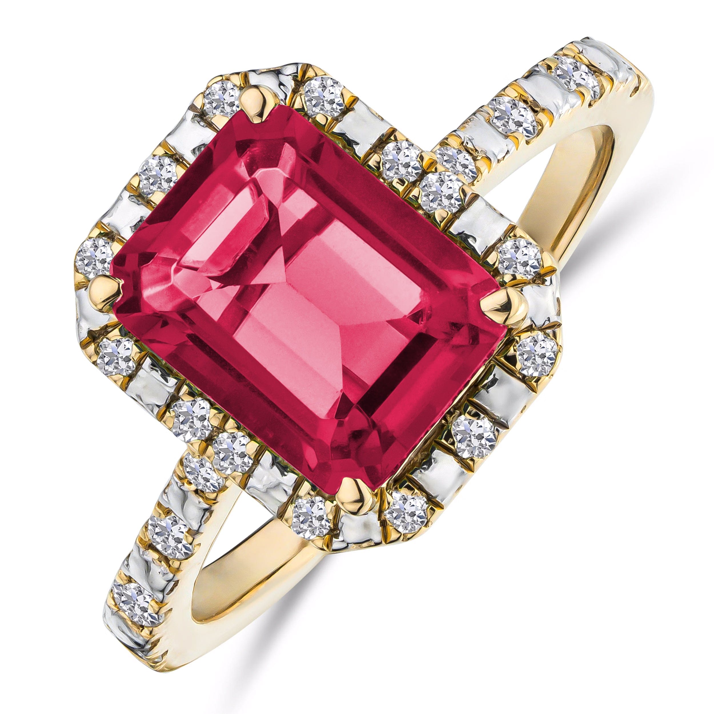 Diamond Astra 1.90ct Lab Ruby and Diamond Halo Shoulder Set Octagon Cut Ring in 18K Gold Vermeil