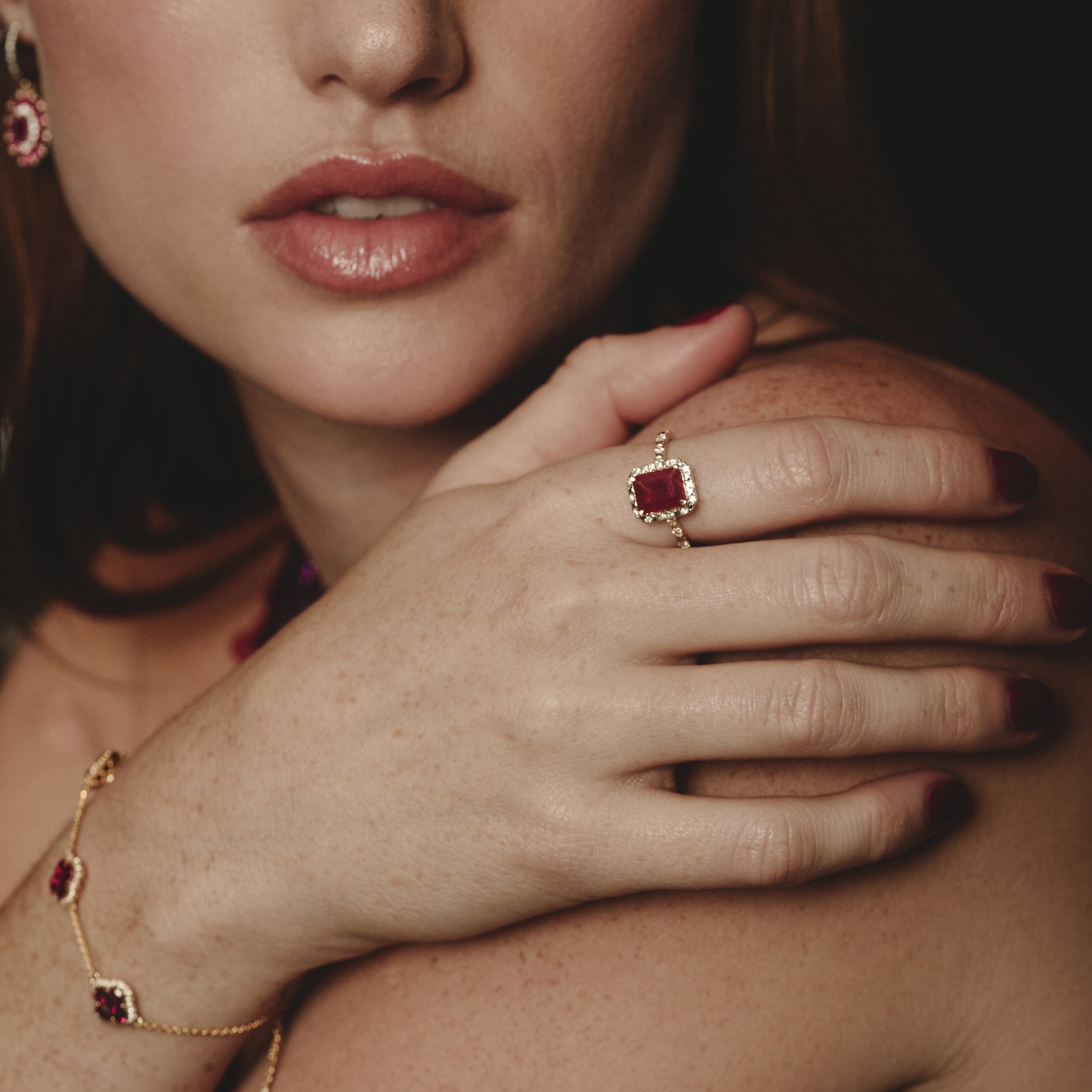 Diamond Astra 1.90ct Lab Ruby and Diamond Halo Shoulder Set Octagon Cut Ring in 18K Gold Vermeil