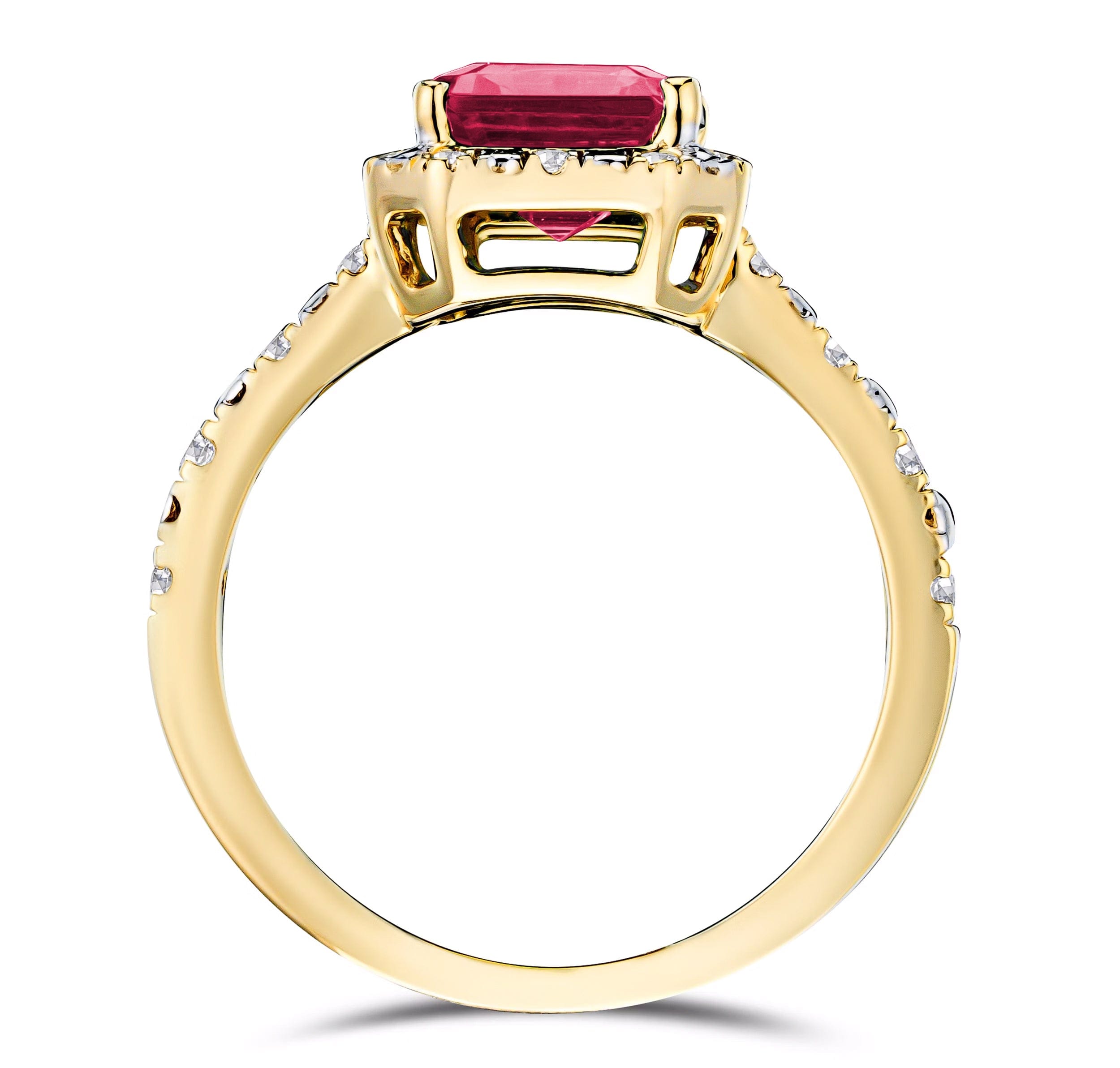 Diamond Astra 1.90ct Lab Ruby and Diamond Halo Shoulder Set Octagon Cut Ring in 18K Gold Vermeil
