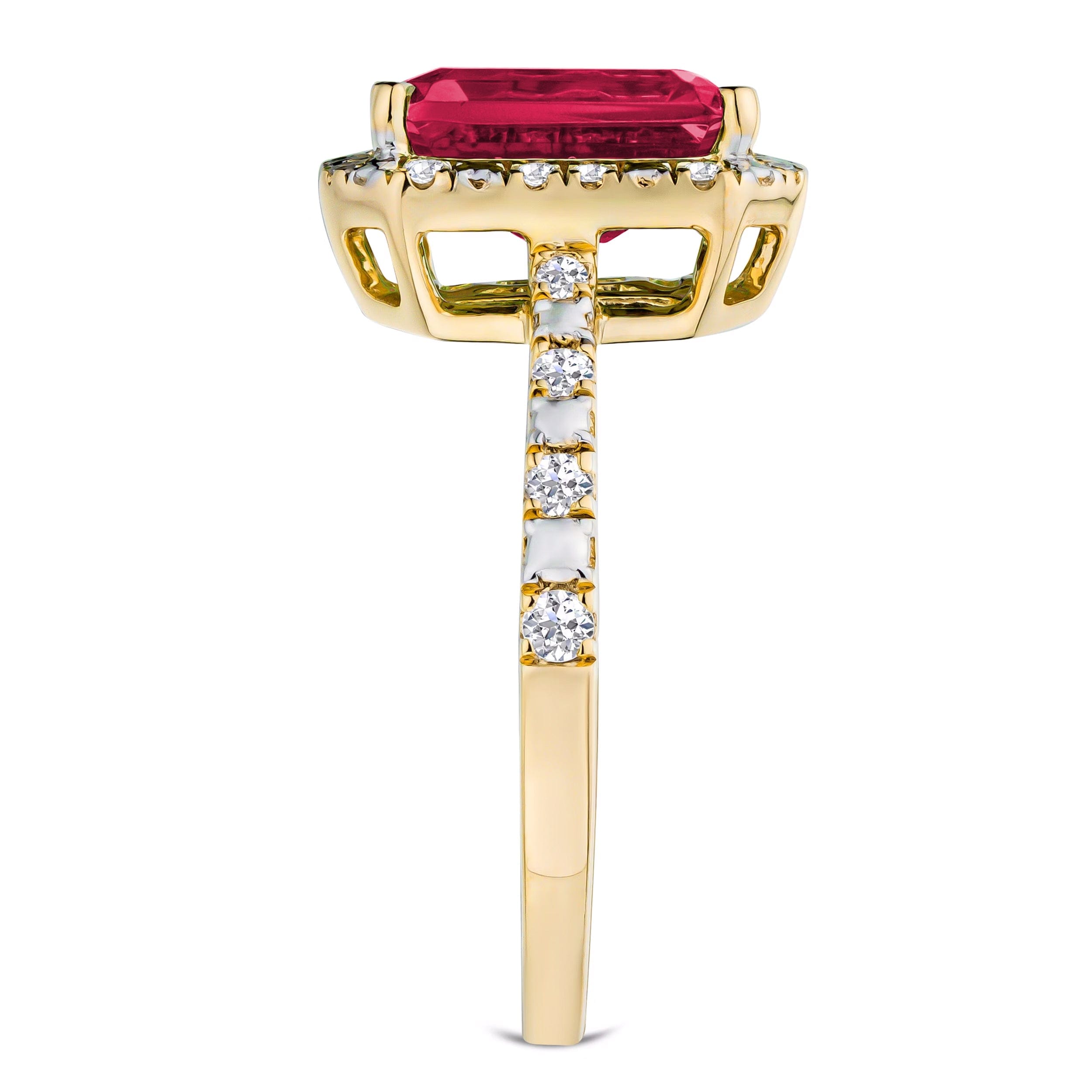 Diamond Astra 1.90ct Lab Ruby and Diamond Halo Shoulder Set Octagon Cut Ring in 18K Gold Vermeil