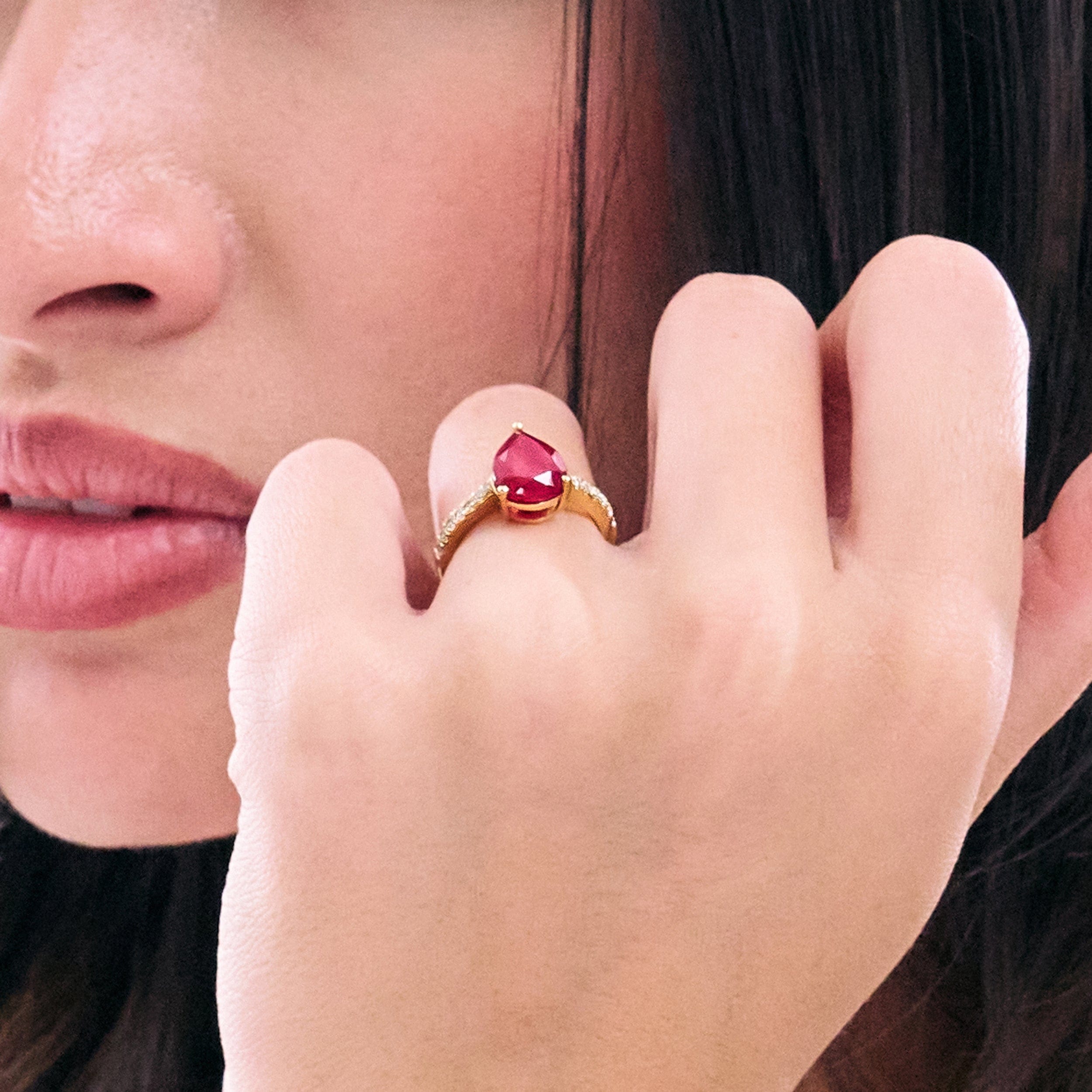 Diamond Astra 3.50ct Lab Ruby and Diamond Shoulder Set Pear Cut Ring in 18K Gold Vermeil