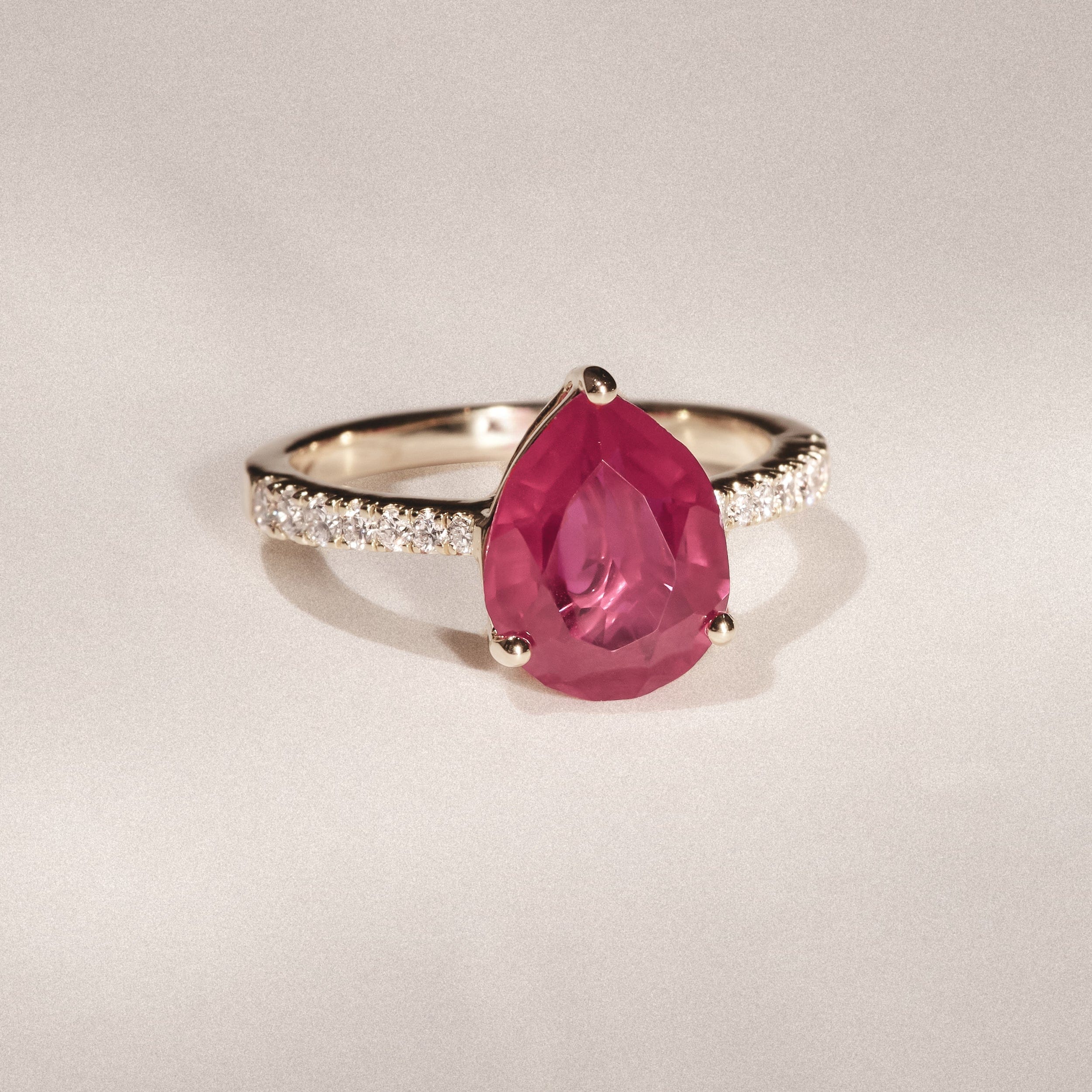 Diamond Astra 3.50ct Lab Ruby and Diamond Shoulder Set Pear Cut Ring in 18K Gold Vermeil