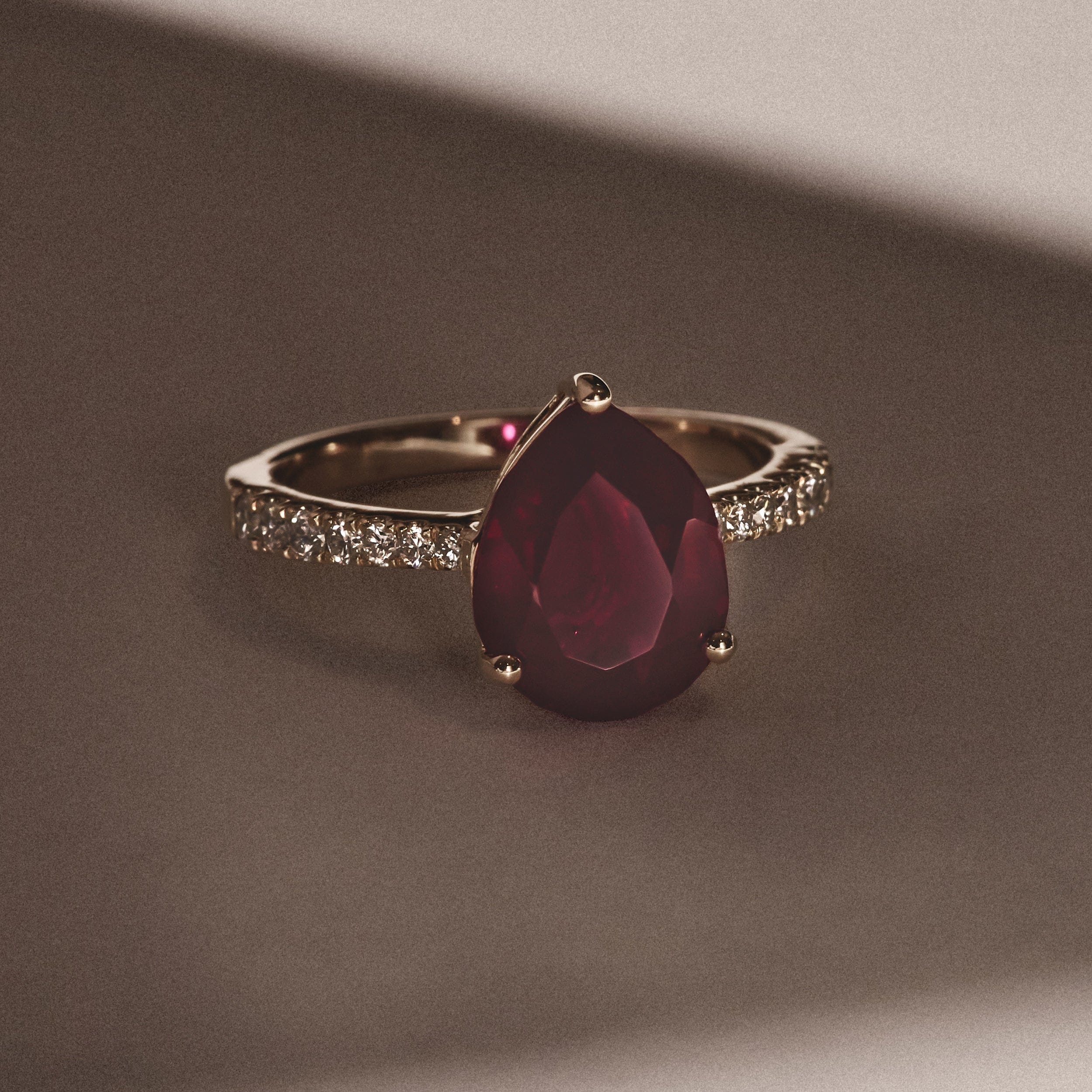 Diamond Astra 3.50ct Lab Ruby and Diamond Shoulder Set Pear Cut Ring in 18K Gold Vermeil