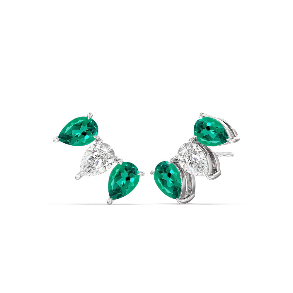 Diamond Trilogy Pear Cut Diamond and Created Emerald Climber Earrings
