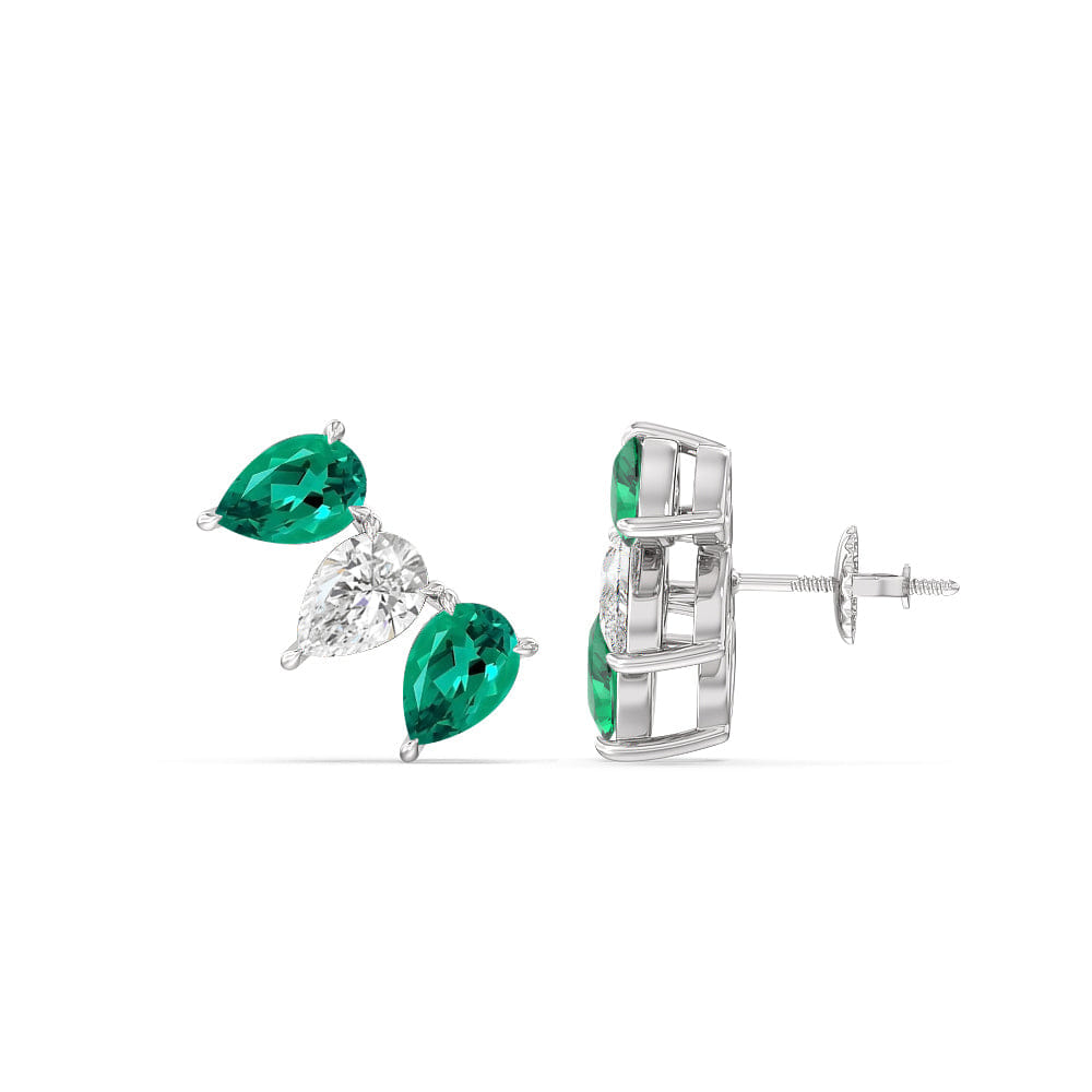 Diamond Trilogy Pear Cut Diamond and Created Emerald Climber Earrings