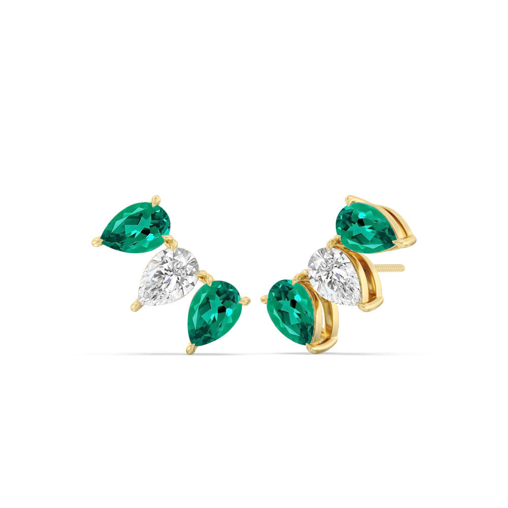 Diamond Trilogy Pear Cut Diamond and Created Emerald Climber Earrings