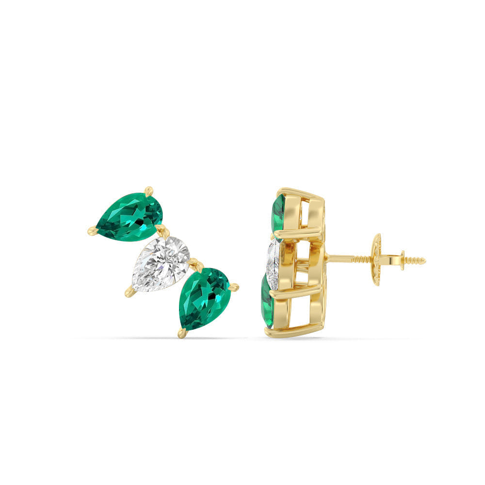 Diamond Trilogy Pear Cut Diamond and Created Emerald Climber Earrings