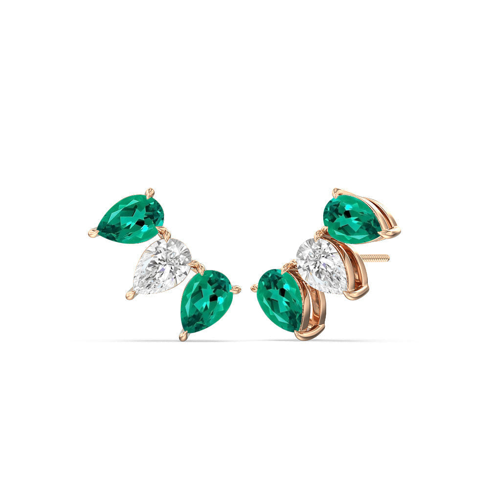 Diamond Trilogy Pear Cut Diamond and Created Emerald Climber Earrings