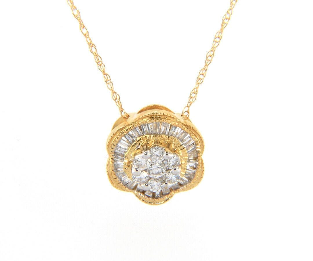 Diamond New 0.40ctw Round and Baguette Diamond Flower Pendant Necklace in 14K