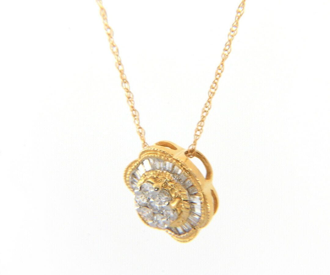 Diamond New 0.40ctw Round and Baguette Diamond Flower Pendant Necklace in 14K