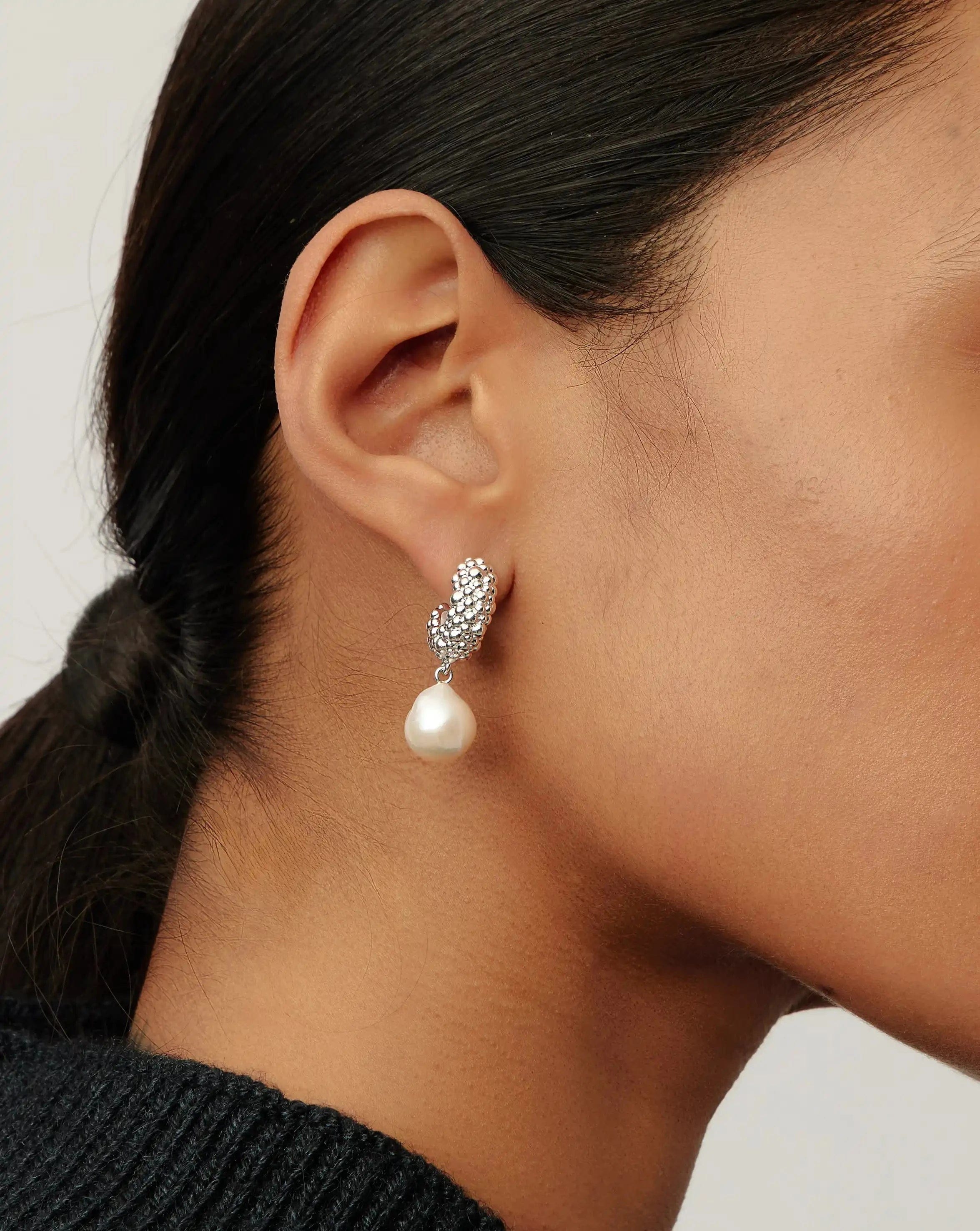 Pearl Baya Charm Hoop Earrings | Silver Plated/Pearl