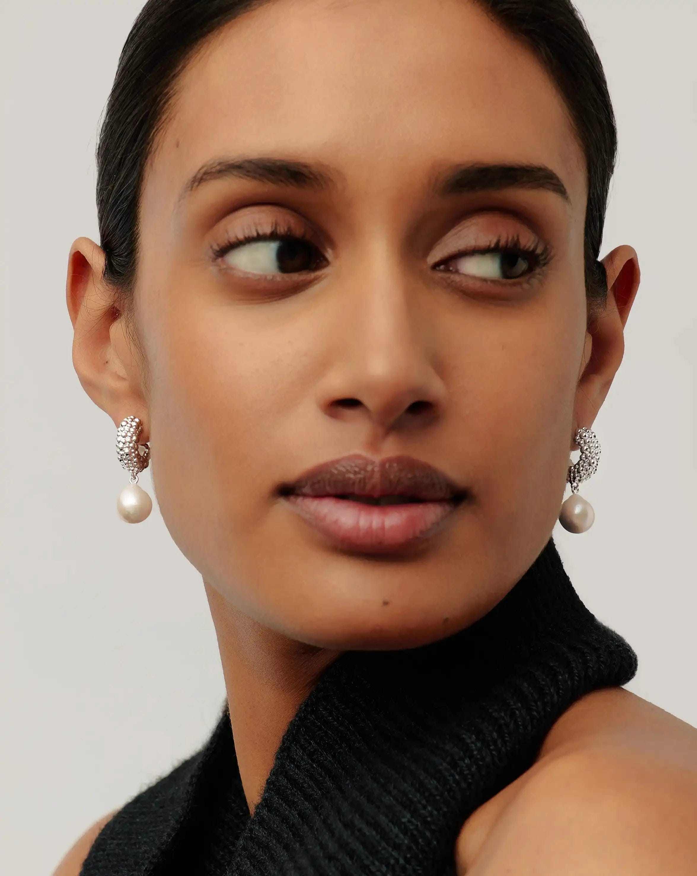 Pearl Baya Charm Hoop Earrings | Silver Plated/Pearl