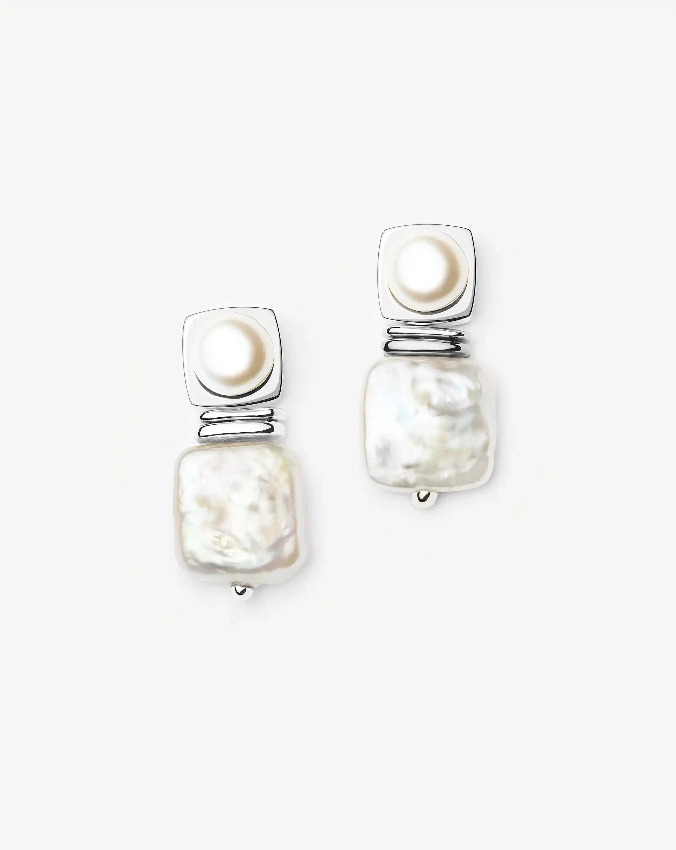 Pearl Square Pearl Small Stud Earrings | Silver Plated