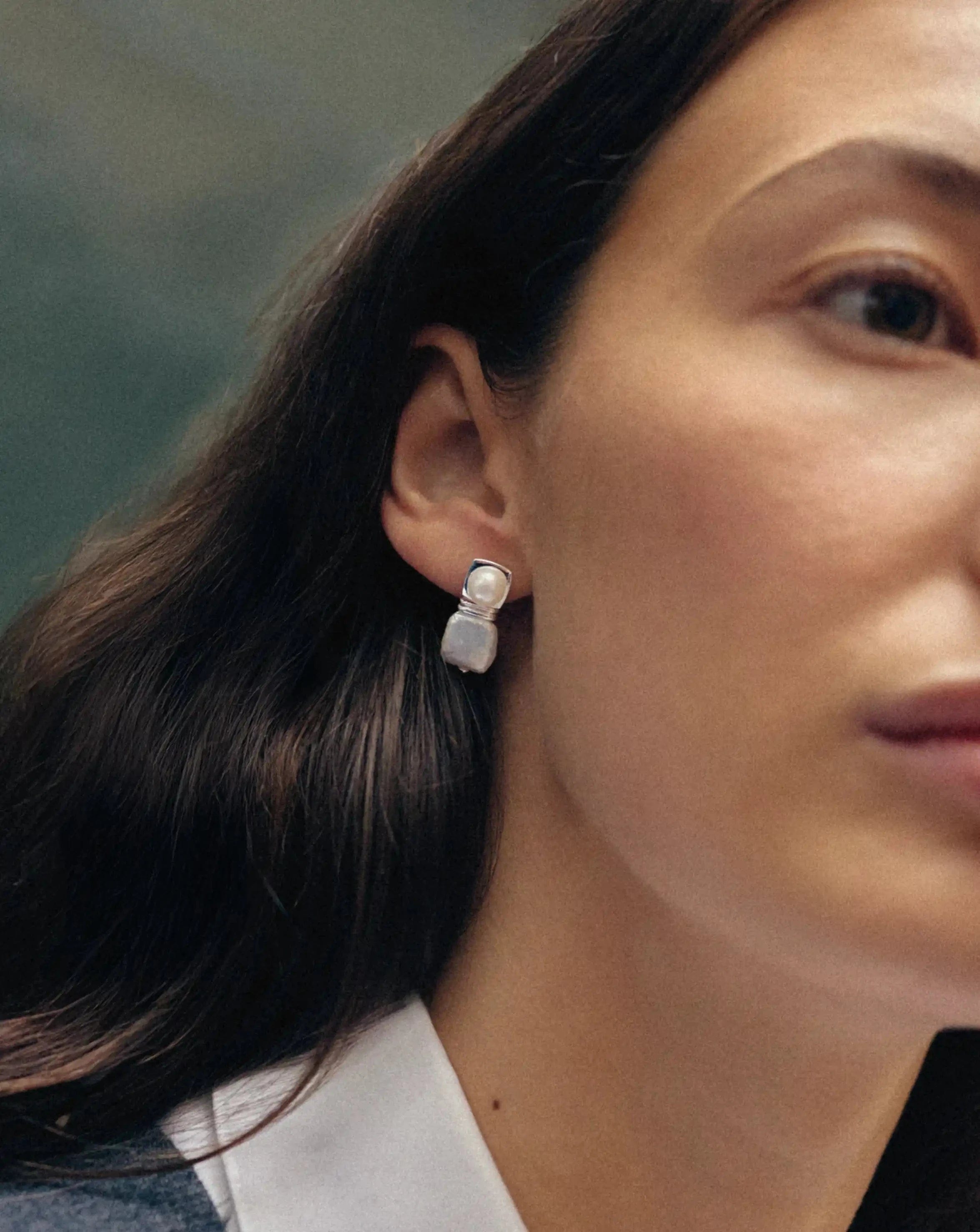 Pearl Square Pearl Small Stud Earrings | Silver Plated