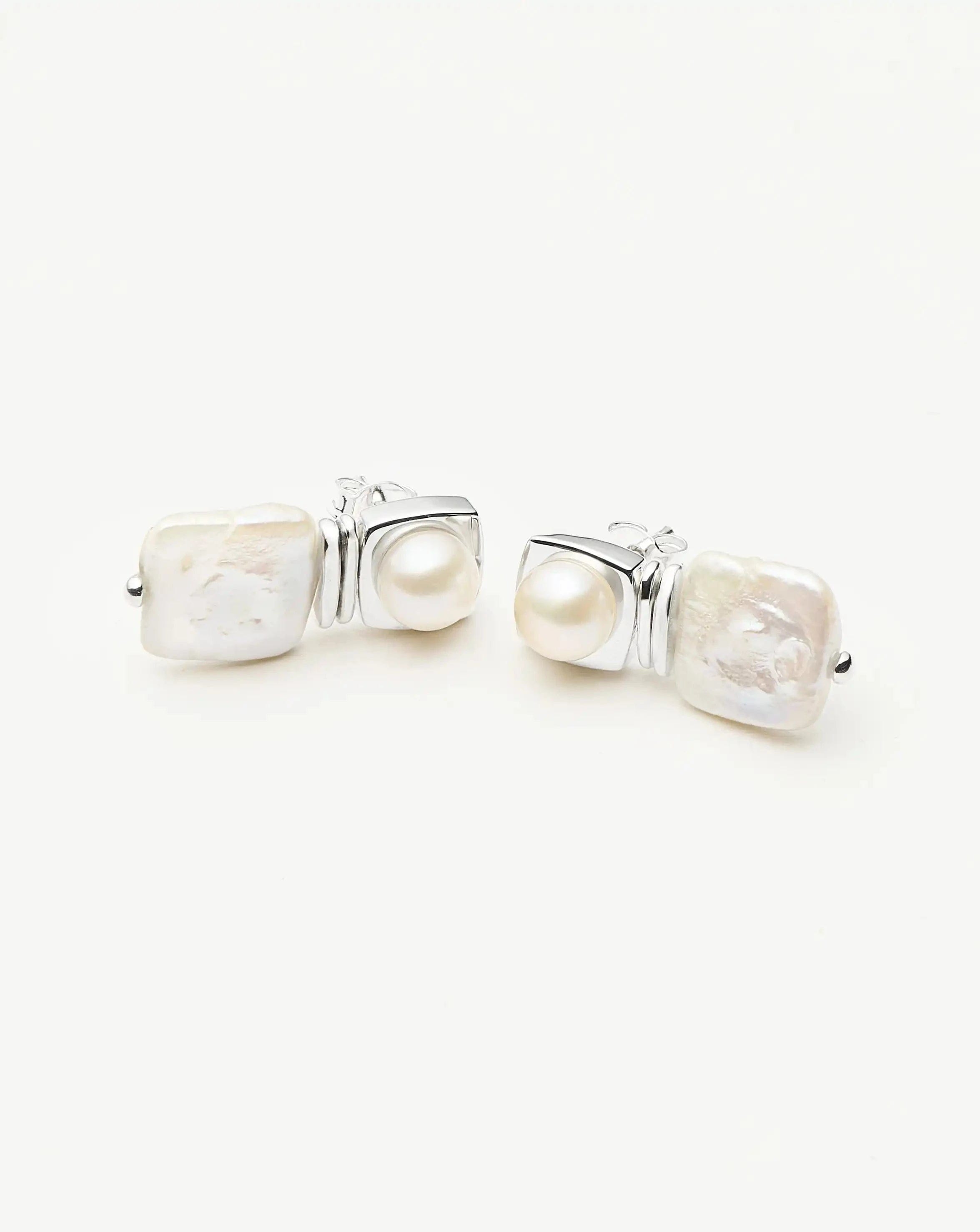 Pearl Square Pearl Small Stud Earrings | Silver Plated
