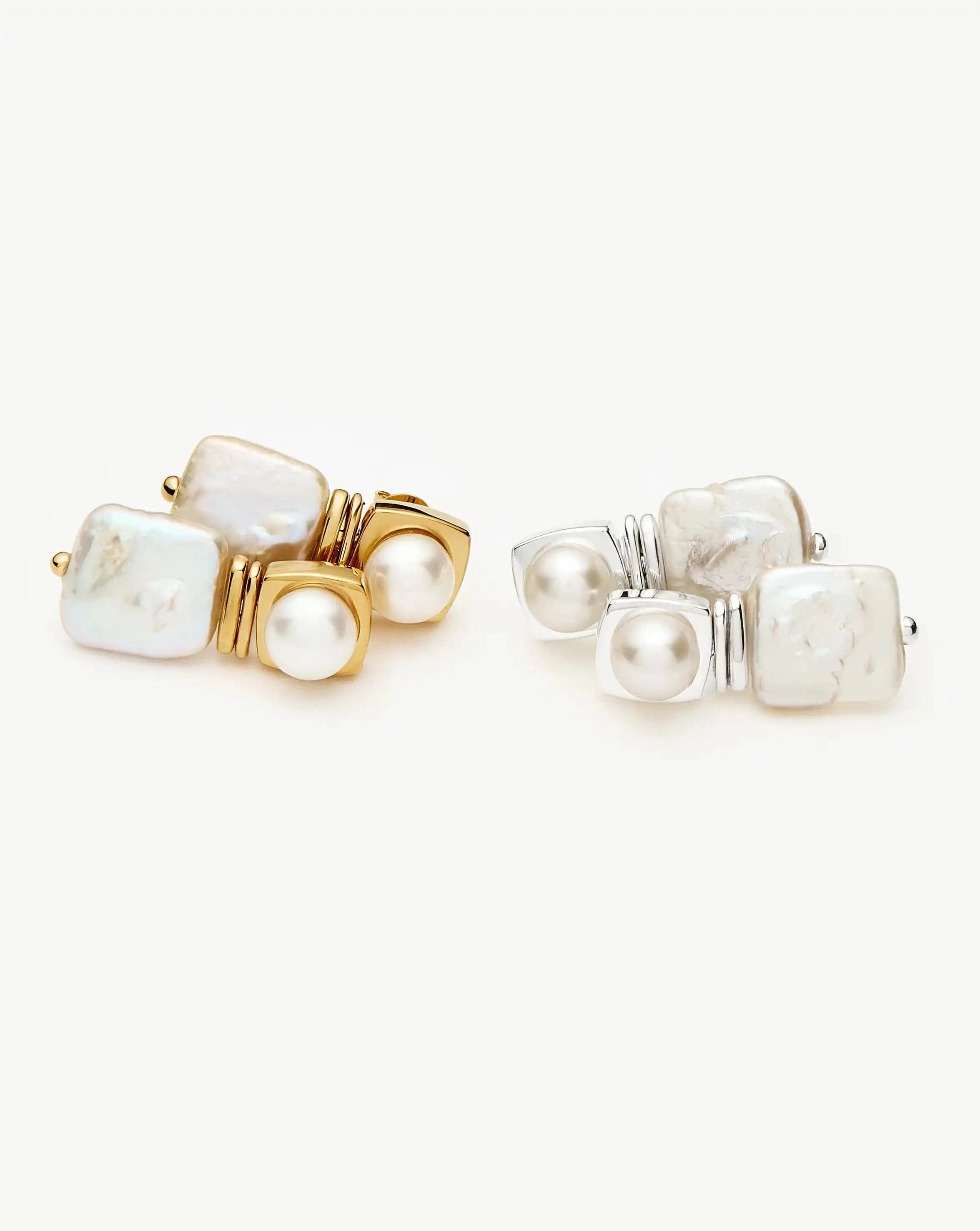 Pearl Square Pearl Small Stud Earrings | Silver Plated