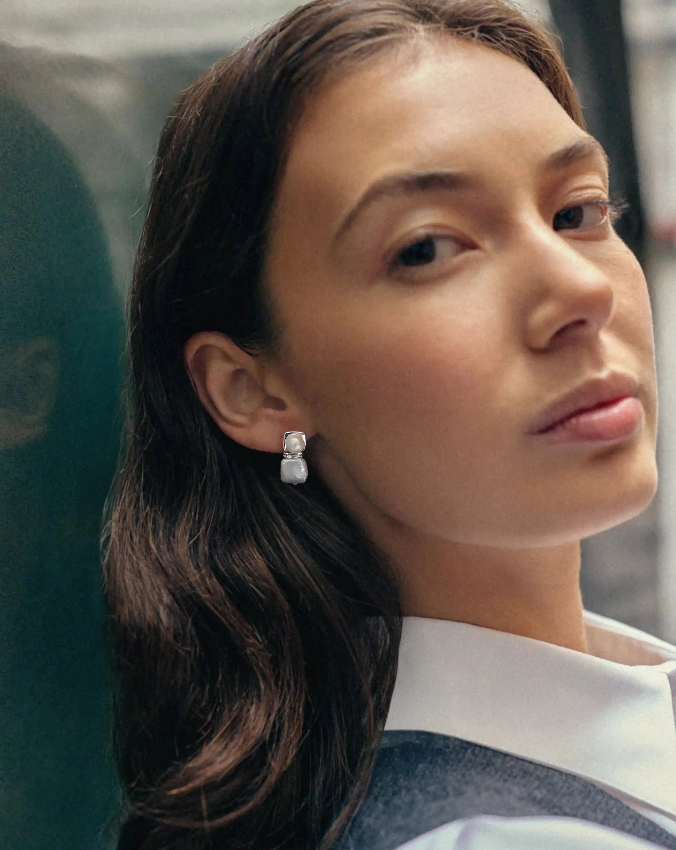 Pearl Square Pearl Small Stud Earrings | Silver Plated