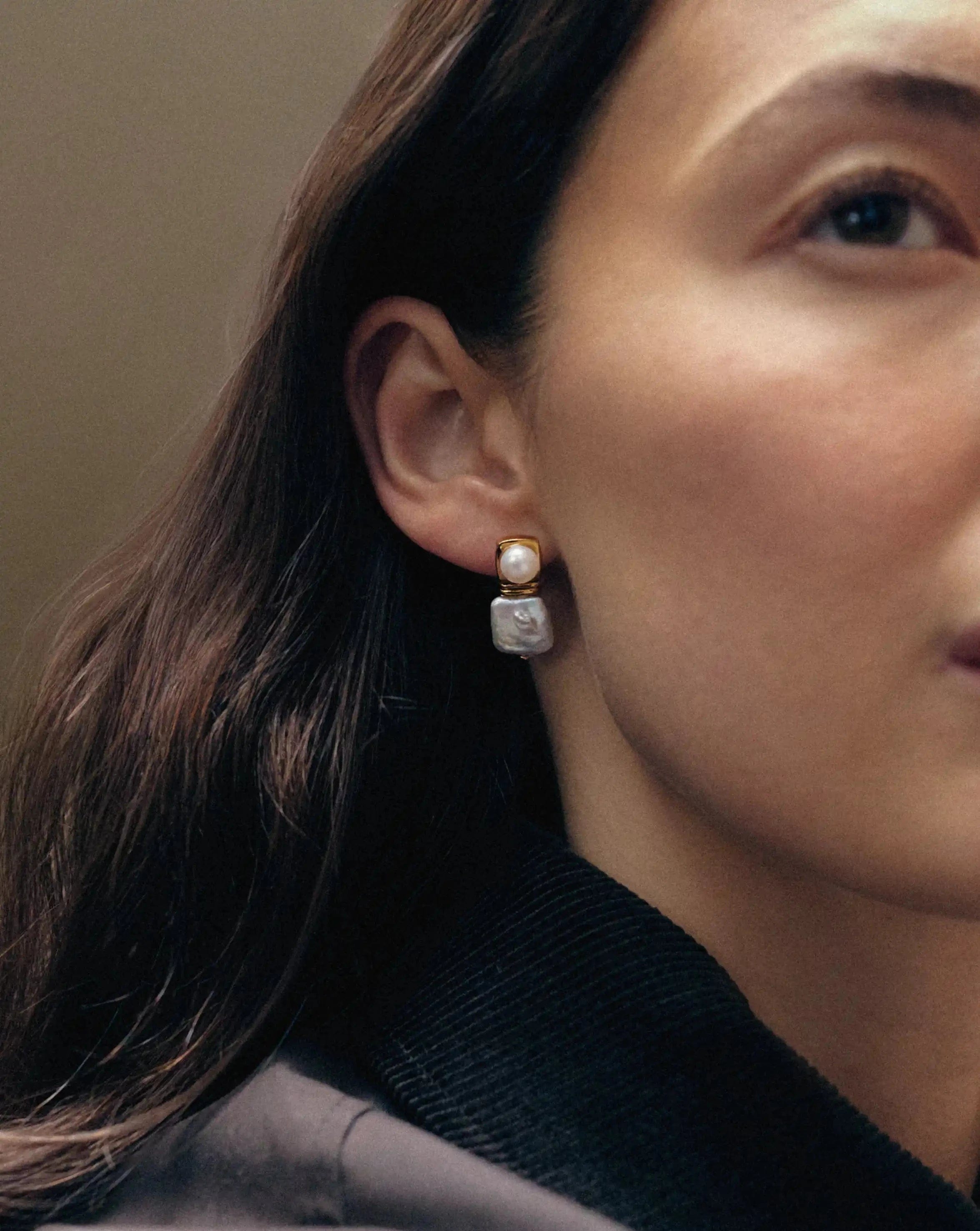 Pearl Square Pearl Small Stud Earrings | 18ct Gold Plated