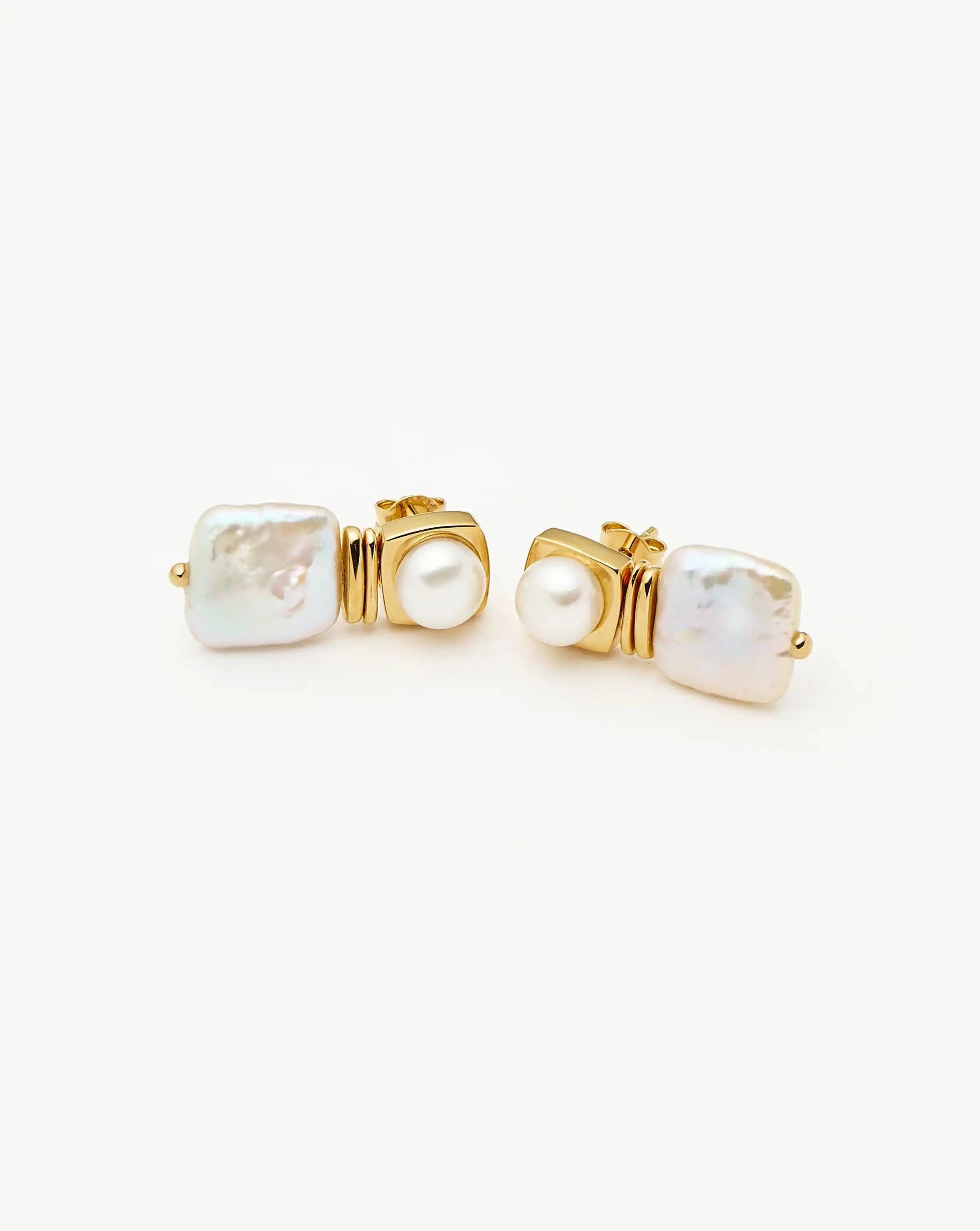 Pearl Square Pearl Small Stud Earrings | 18ct Gold Plated