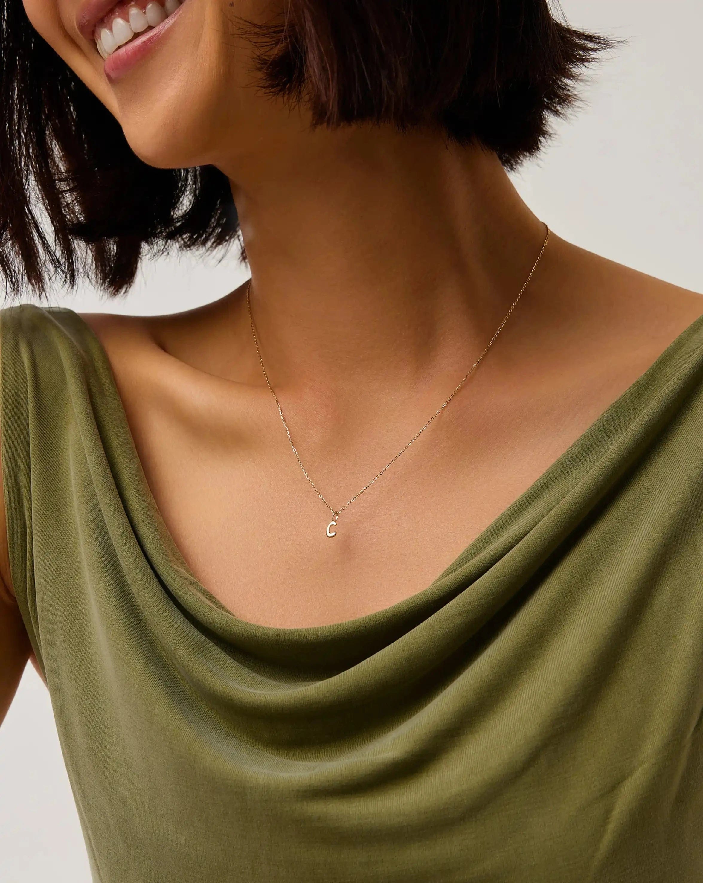Initial Solid Gold Initial Mini Pendant Necklace - C | 14ct Solid Gold